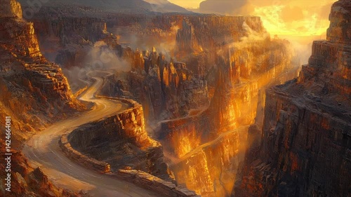 Fiery canyon sunset with winding road