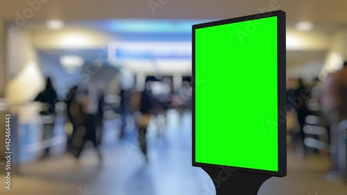 Timelapse of a green screen billboard placed in a busy airport terminal with travelers and airport staff going about their day