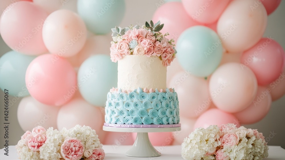 Fototapeta premium Elegant two-tier cake adorned with fresh flowers displayed at a pastel-themed celebration setting in the afternoon