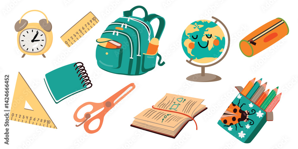 Fototapeta premium Back to school cartoon set with globe, backpack, notebook or textbook, ruler, triangle, pencil case, scissors, colored pencils, alarm clock. Vector designs on white background. Flat color illustration