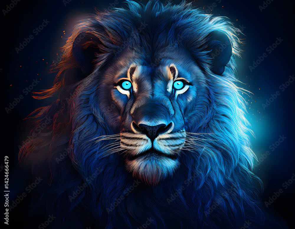 Fototapeta premium Digital Art of a Majestic Blue Lion with Glowing Eyes - Fantasy Animal Portrait