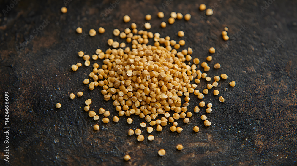 A mix of golden Einkorn grains scattered randomly on a dark, flat surface, highlighting their natural shape. A mix of golden Einkorn grains scattered randomly on a dark, flat surface, highlighting their natural shape.