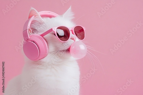 A white cat wearing pink headphones and sunglasses, blowing a bubble gum bubble, against a pink background.