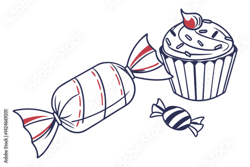 Sweet Candy and Muffin Line Art Drawing
