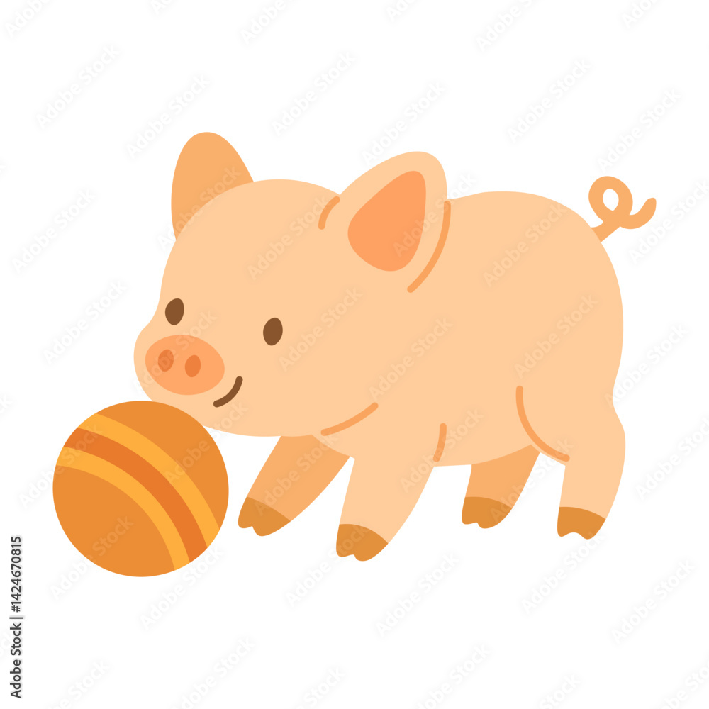 Adorable cartoon piglet pushing a ball. Flat vector clipart, isolated on white background. Adorable cartoon piglet pushing a ball. Flat vector clipart, isolated on white background.