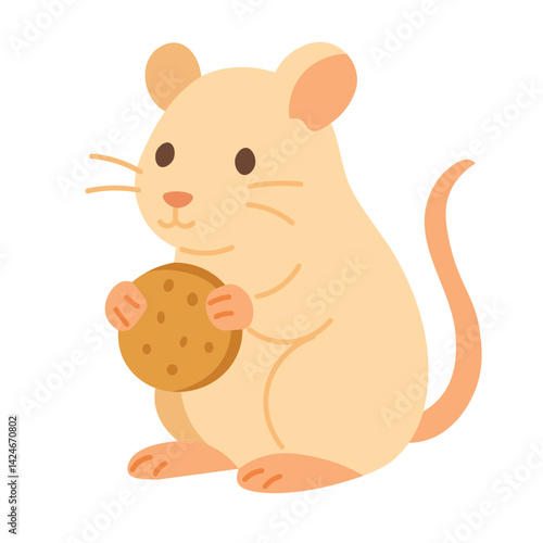 Adorable beige mouse holding a cookie. Flat cartoon vector clipart, isolated on white background.