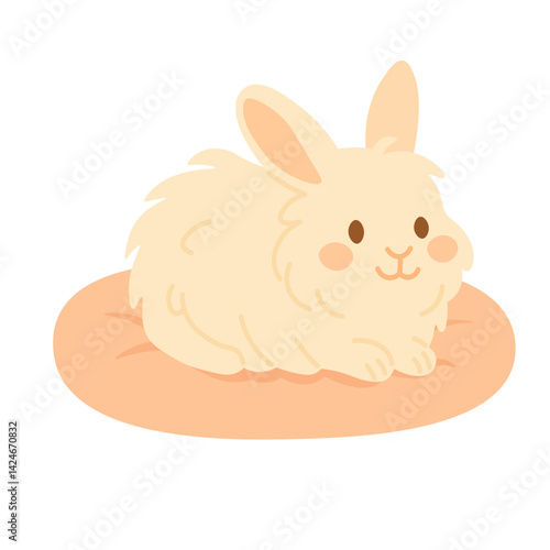 Adorable fluffy rabbit resting on soft pillow. Flat cartoon vector clipart, isolated on white background.