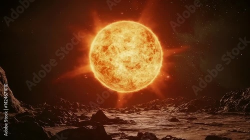 Fiery red giant star dominates dark, rocky landscape