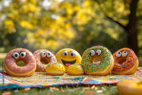 donuts are the funny food characters in this happy, cute dessert scene, where cartoon donut friends share pink glaze and sprinkles