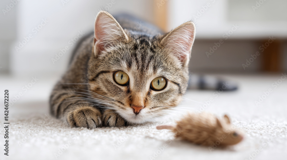Fototapeta premium European shorthair cat playing with a toy mouse on a carpet, showing predatory instinct and concentration