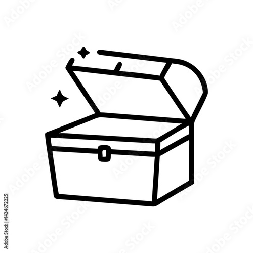 Treasure chest icon open with sparkling treasures, discovery concept