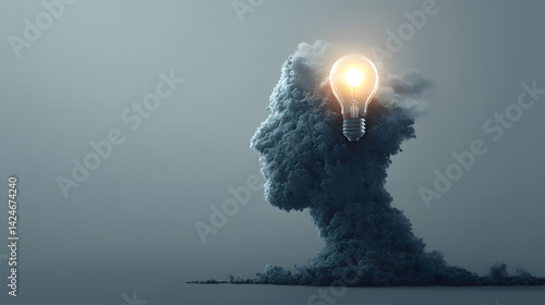 Obraz na płótnie A conceptual illustration depicting a face made of clouds with a glowing light bulb representing creativity and ideas. w salonie
