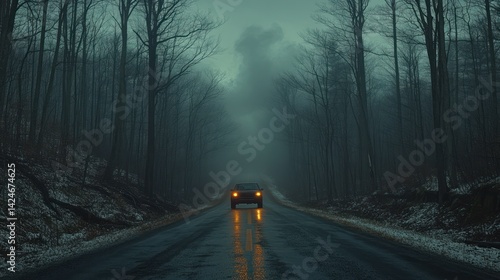 Fototapeta Naklejka Na Ścianę i Meble -  Foggy, ominous road through a dark forest
