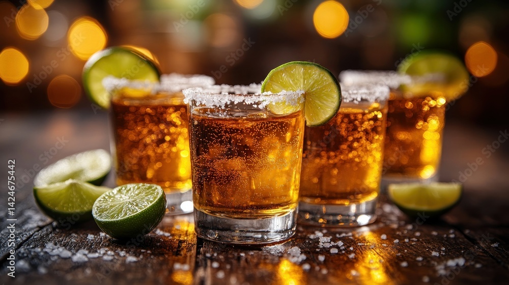 Four tequila shots with lime Four tequila shots with lime