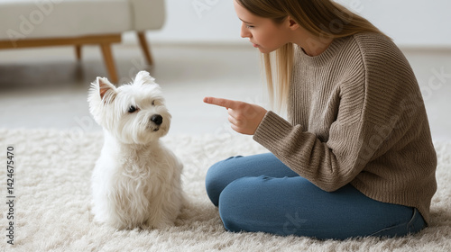 Young woman pointing finger at guilty west highland white terrier dog sitting on carpet after making a mess in living room
