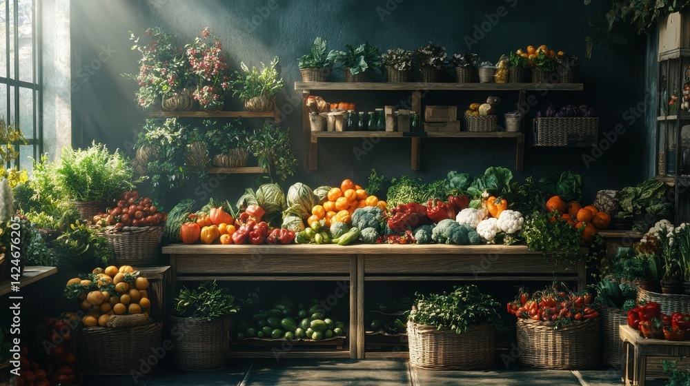 Freshly harvested vegetables displayed in a rustic market setup, showcasing a vibrant assortment of colors and textures in the early morning light Freshly harvested vegetables displayed in a rustic market setup, showcasing a vibrant assortment of colors and textures in the early morning light
