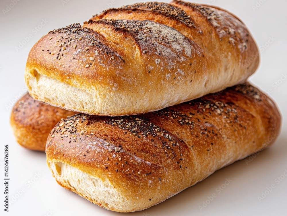 Freshly baked loaves of bread stacked on a clean surface, highlighting texture Freshly baked loaves of bread stacked on a clean surface, highlighting texture