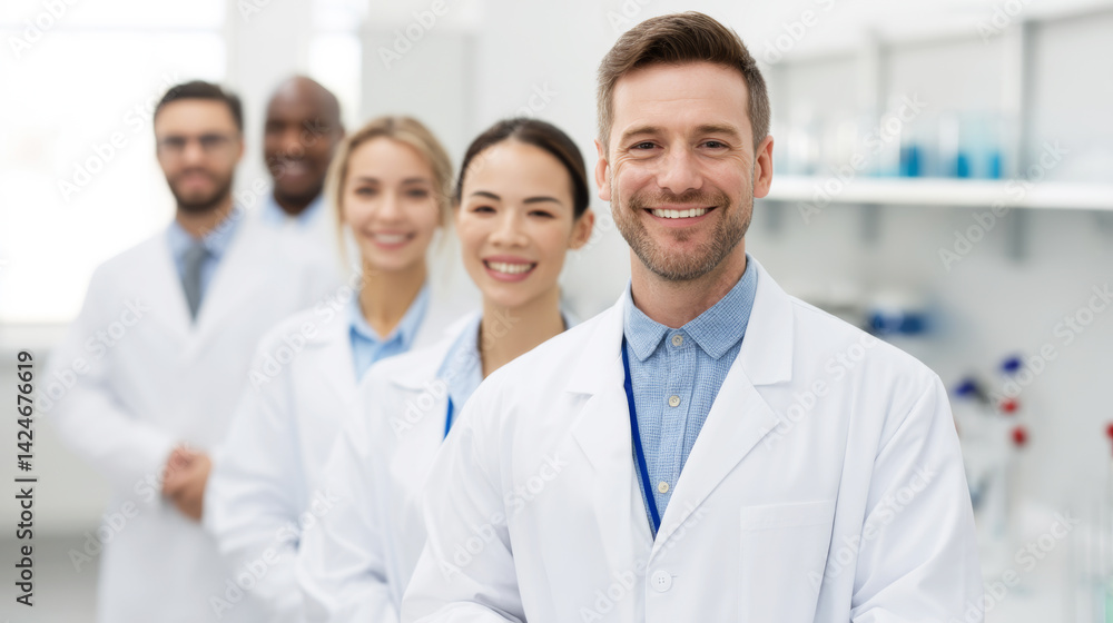 Multi ethnic team of doctors and scientists smiling and collaborating in a cutting edge medical research laboratory filled with advanced technology Multi ethnic team of doctors and scientists smiling and collaborating in a cutting edge medical research laboratory filled with advanced technology