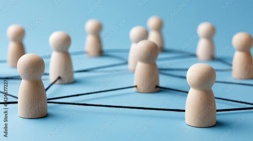 Obraz premium Wooden figures connected by string illustrate concepts of social network, business network, teamwork, communication and partnership