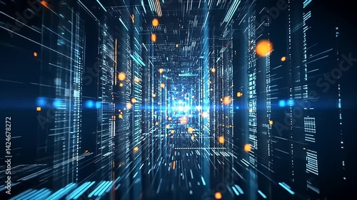 Futuristic Digital Data Flow Through Abstract Space Tunnel