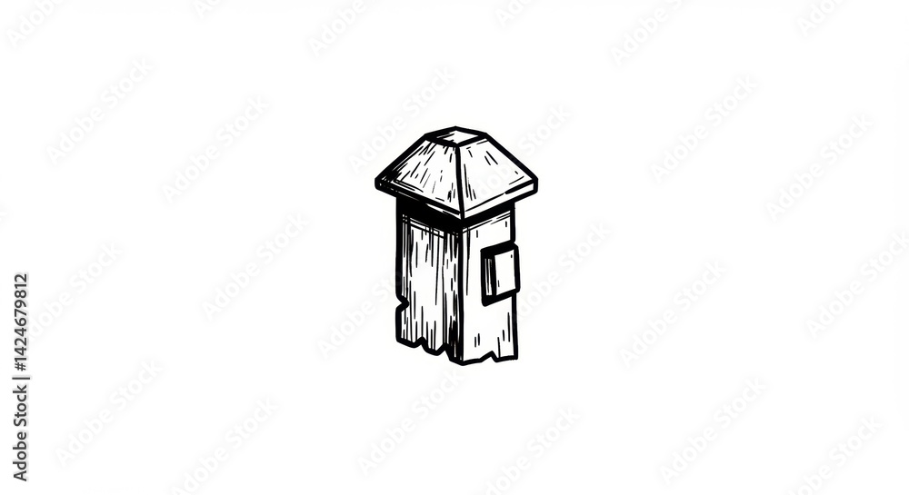 Rustic Wood Post: Hand-Drawn Sketch of a Weathered Square Column with a Pyramidal Cap on White. Rustic Wood Post: Hand-Drawn Sketch of a Weathered Square Column with a Pyramidal Cap on White.