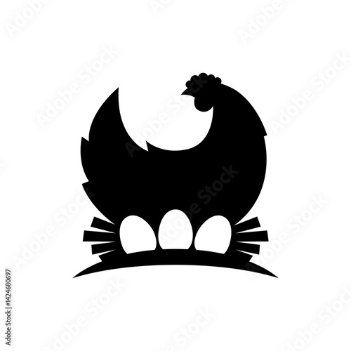 In a creative representation, a black silhouette of a chicken stands over three eggs, showcasing a minimalist design that emphasizes farm life and nature motifs