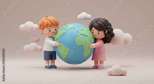 Two Cute Cartoon Children Hugging the Earth in Pastel Colors a 3D Render Illustration with Fluffy Clouds Against a Beige Background Celebrating Earth Day