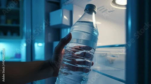 Person reaching for a bottle of water inside a refrigerator  
