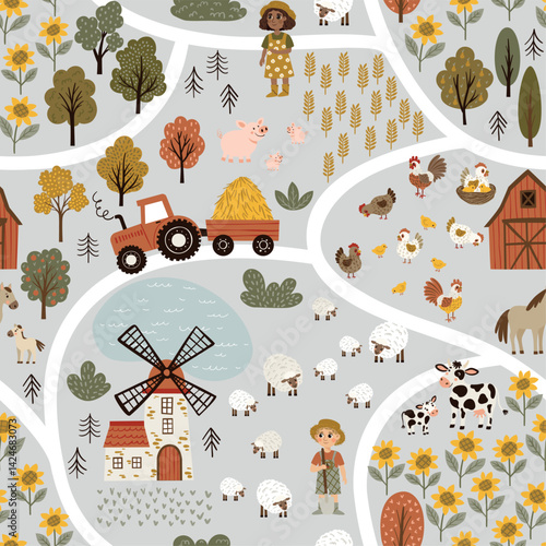 Seamless vector pattern in flat cartoon style. Features a playful farm scene with barn, shed, windmill, tractor, cows, horses, sheep, and trees. Isolated on white. Perfect for kids’ design and decor.