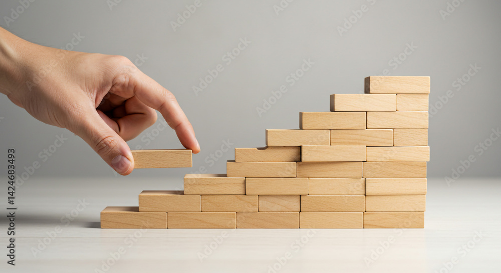 Building Success Hand placing wooden block on incomplete staircase symbolizing growth and progress Building Success Hand placing wooden block on incomplete staircase symbolizing growth and progress