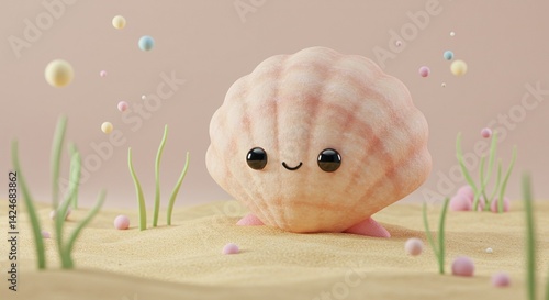 Adorable Cartoon Seashell 3D Render in Soft Pastel Hues with Sandy Ocean Floor and Bubbles a Kawaii Style Illustration Perfect for Children's Book Designs and Cute Mascot Graphic Design