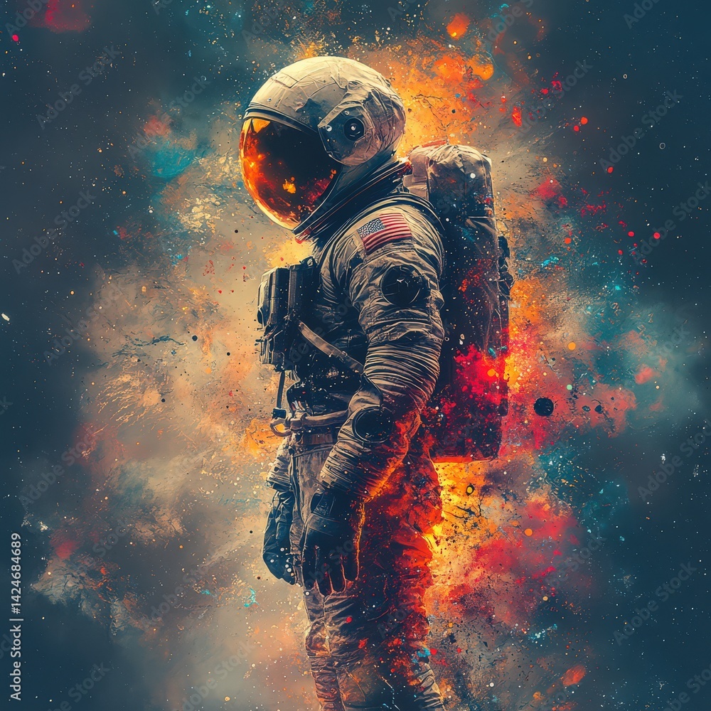 Fototapeta premium An astronaut clad in an advanced spacesuit gazes at the cosmos illuminated by vibrant colors. The lunar landscape bursts with ink splatter art creating a dynamic and ethereal ambiance