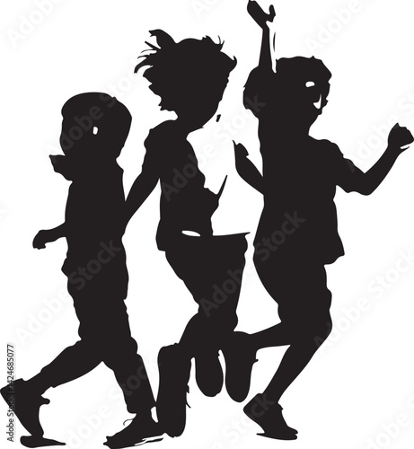 Group of Kids Dancing Silhouettes, Joyful Children Vector Art, Playful Poses for Design and Decoration