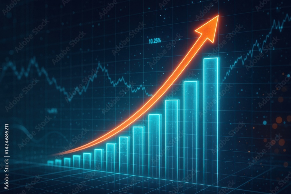 This digital representation shows a dynamic upward trend in financial data, illustrating growth and success. Ideal for business presentations and financial reports. This digital representation shows a dynamic upward trend in financial data, illustrating growth and success. Ideal for business presentations and financial reports.