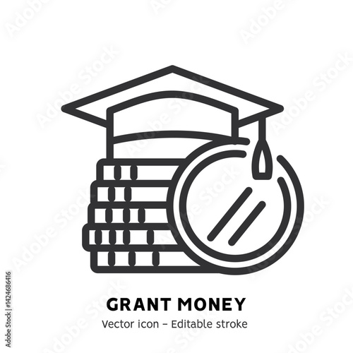 Taking grant or scholarship money icon. Student pay education loan. Concept of grant certificate, university and college fee, study fund, scholarship money flat outline icon. Editable stroke