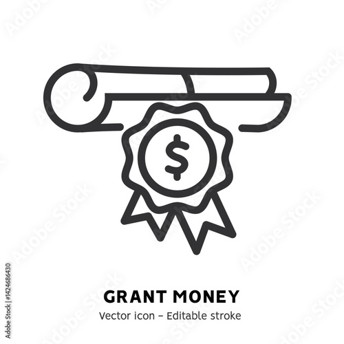 Taking grant or scholarship money icon. Student pay education loan. Concept of grant certificate, university and college fee, study fund, scholarship money flat outline icon. Editable stroke