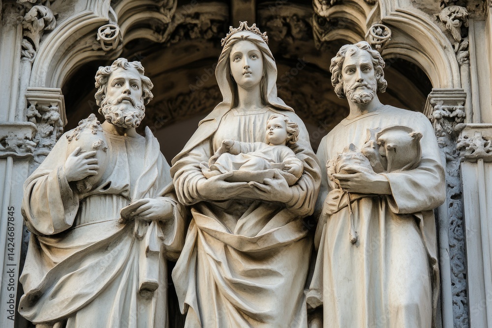 Stone sculpture of the Holy Family: Mary, Joseph, Jesus, detailed and serene. Stone sculpture of the Holy Family: Mary, Joseph, Jesus, detailed and serene.