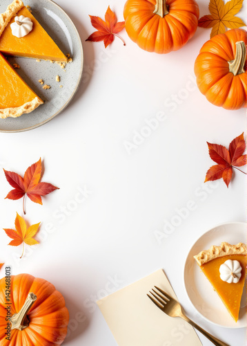 Autumn pumpkin pie with leaves and pumpkins on a white background  with space for text