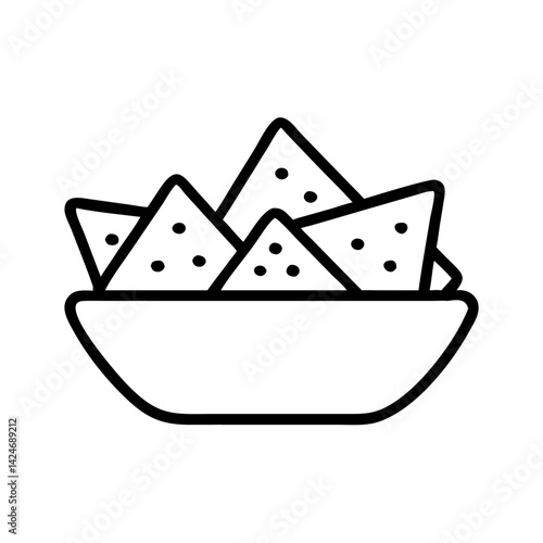 black outline icon of bowl filled with triangular nachos or tortilla chips, minimal snack or party food symbol, white background