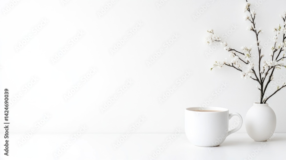 Minimalist white aesthetic with a cup of coffee and spring blossoms Minimalist white aesthetic with a cup of coffee and spring blossoms