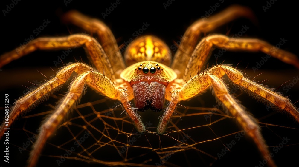 Close-up of a vibrant orange spider on its web. Its intricate body and legs are highlighted against a dark background Close-up of a vibrant orange spider on its web. Its intricate body and legs are highlighted against a dark background