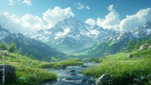 Serene mountain valley, stream flows through wildflowers, snow-capped peaks under a bright sky