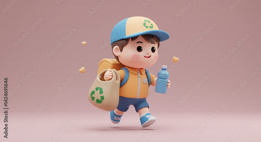 Cute Cartoon Eco Friendly Delivery Boy with Recycling Bag in Pastel Color Scheme 3D Render and Water Bottle Soft Lighting with Background Cute Cartoon Eco Friendly Delivery Boy with Recycling Bag in Pastel Color Scheme 3D Render and Water Bottle Soft Lighting with Background