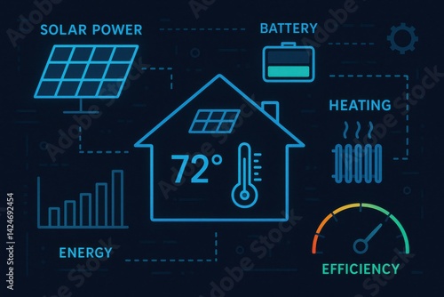 Illustration of smart home technology focusing on solar power, battery, heating, and energy efficiency with visual indicators and data representation.