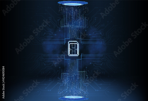 Digital circuit design showcasing a microchip in a futuristic environment with glowing elements