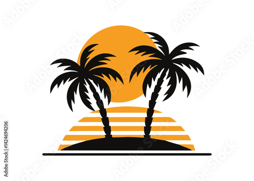 Palm tree silhouettes sign on sun beach, sunset on island, two palm and sun Icon Design