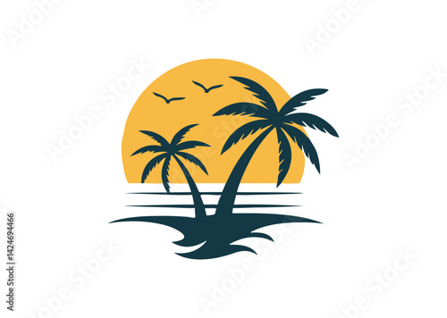Palm tree silhouettes sign on sun beach, sunset on island, two palm and sun Icon Design