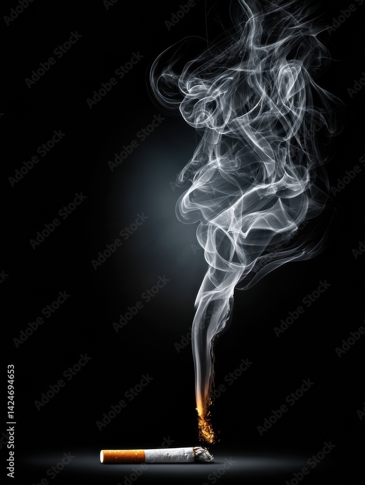 Obraz premium Broken Cigarette Creates Skull Shape With Rising Smoke Against Dark Backdrop Highlighting the Dangers of Smoking and Its Impact on Health