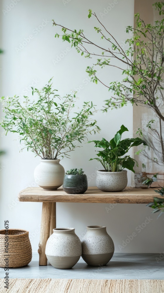 Rustic ceramic planters adorn a wooden bench, showcasing indoor greenery. Rustic ceramic planters adorn a wooden bench, showcasing indoor greenery.