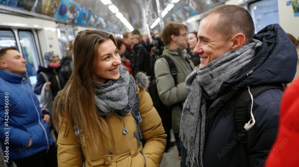 Fototapeta premium Happy young man and woman smiling and talking in a crowded subway train during rush hour